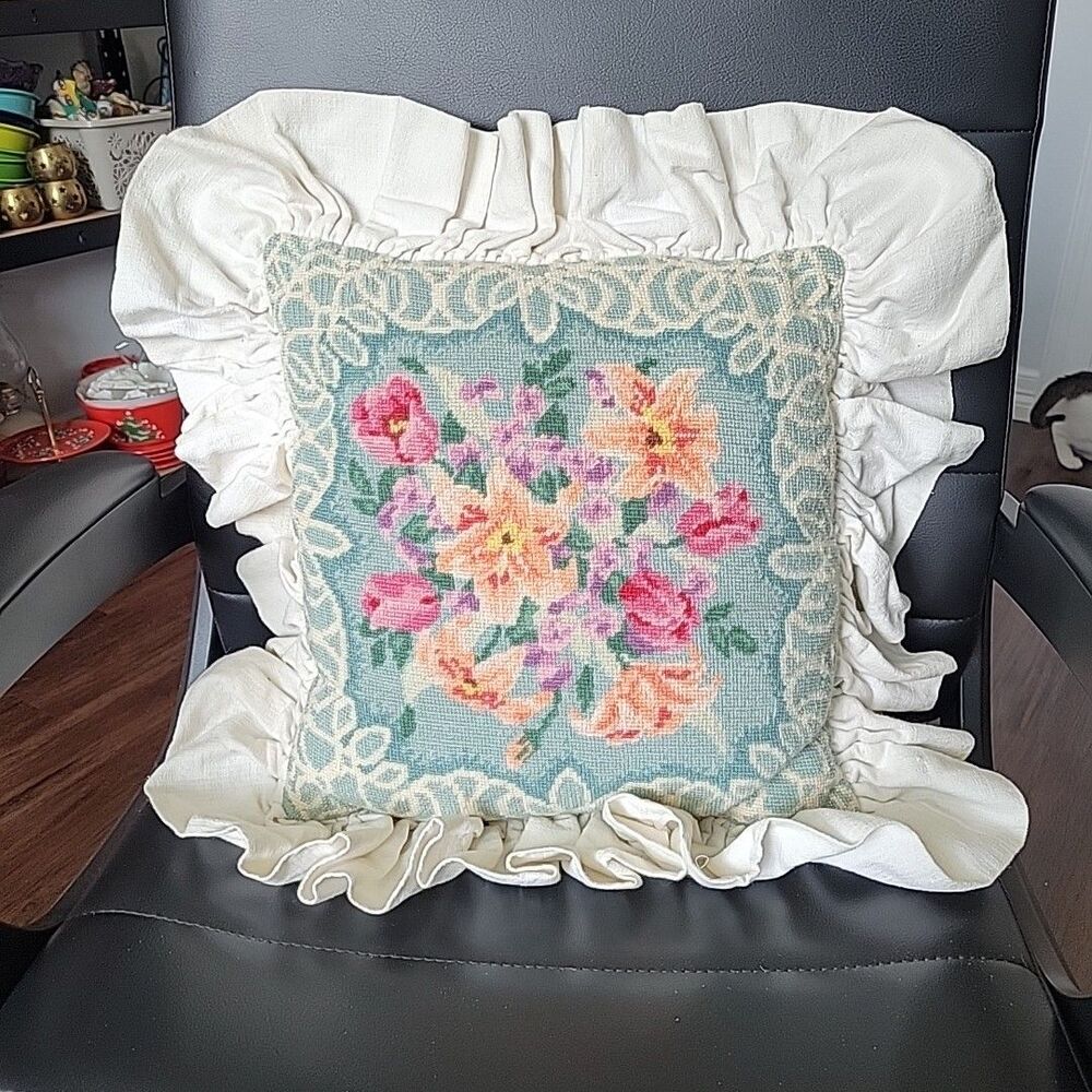 Vtg Wool Needlepoint Throw Pillow Roses Lilies Bouquet 13x13" white ruffle edge